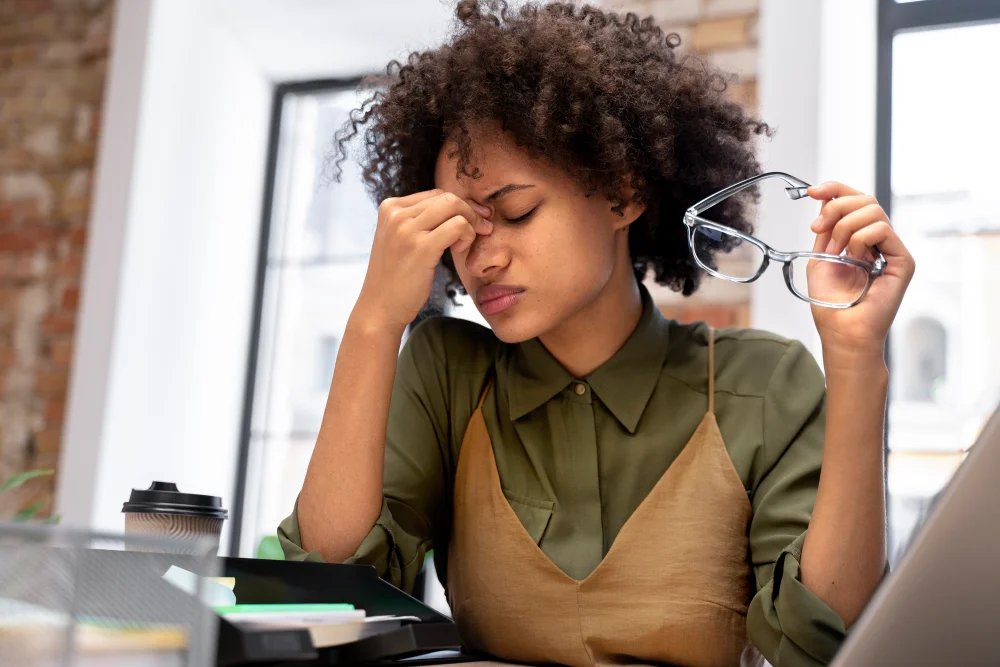 Ansiedade no trabalho: mulher negra em crise