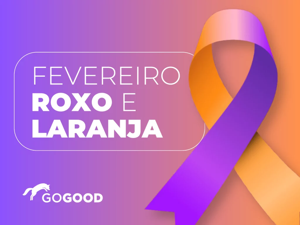 Fevereiro Roxo e Laranja: símbolo da campanha com a logo da GoGood no canto inferior esquerdo da tela