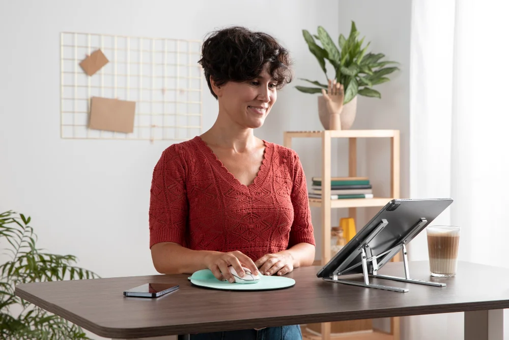 Saúde no home office: mulher branca de cabelo curto sentada usando o computador